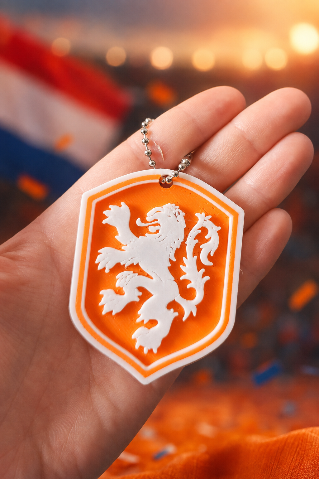 Oranje sleutelhanger met Nederlandse leeuw – 3D-geprint – Wit en oranje