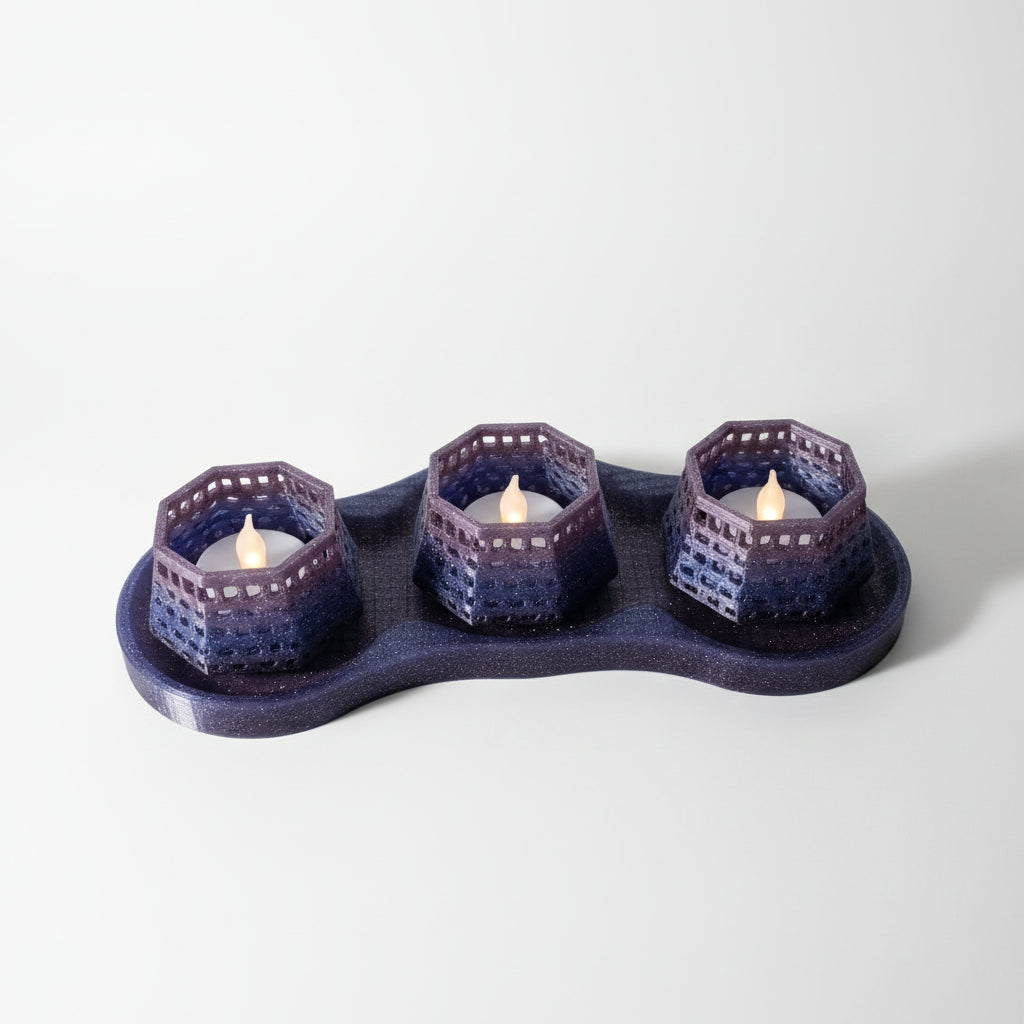 Triple Tealight Candle Holder Set – 3D Printed Lattice Design | Navy Blue Glitter Home Decor