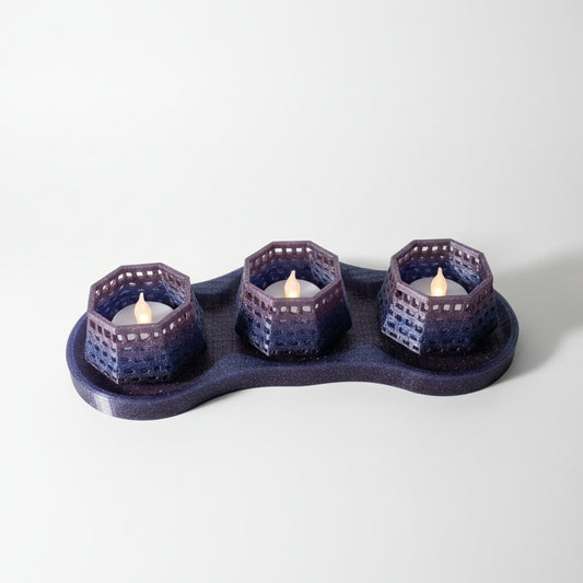 Triple Tealight Candle Holder Set – 3D Printed Lattice Design | Navy Blue Glitter Home Decor
