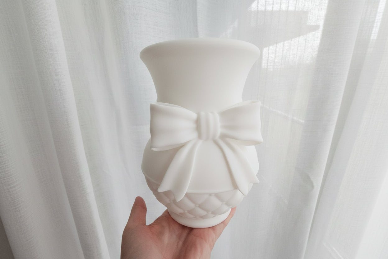 Bow Vase – 3D Printed Flower Vase with Ribbon Bow | White Coquette Home Decor