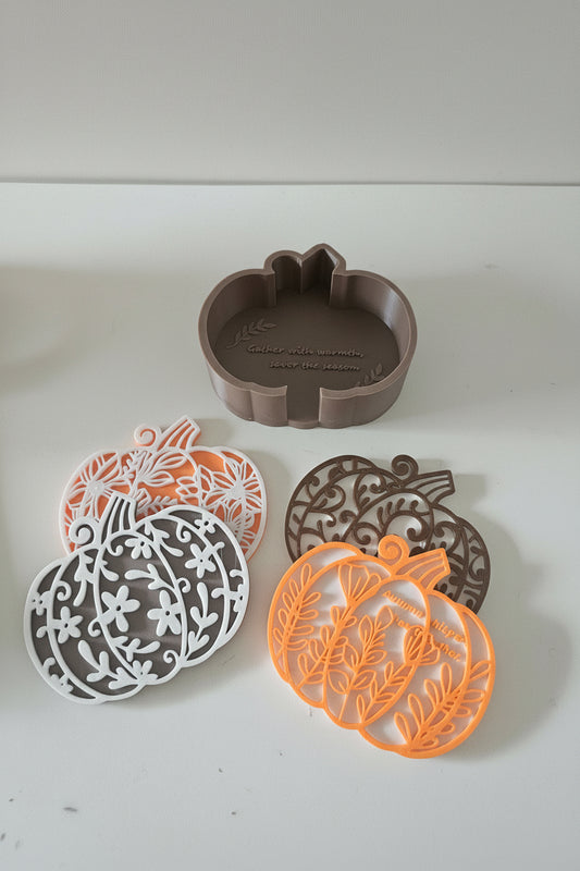 3D-geprinte Pompoen Onderzetters Set – 4 stuks + Houder | Herfst Decoratie