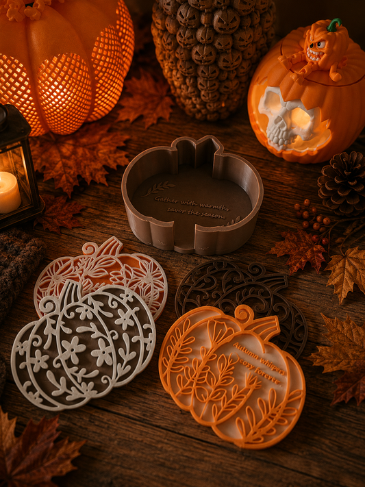 3D-geprinte Pompoen Onderzetters Set – 4 stuks + Houder | Herfst Decoratie