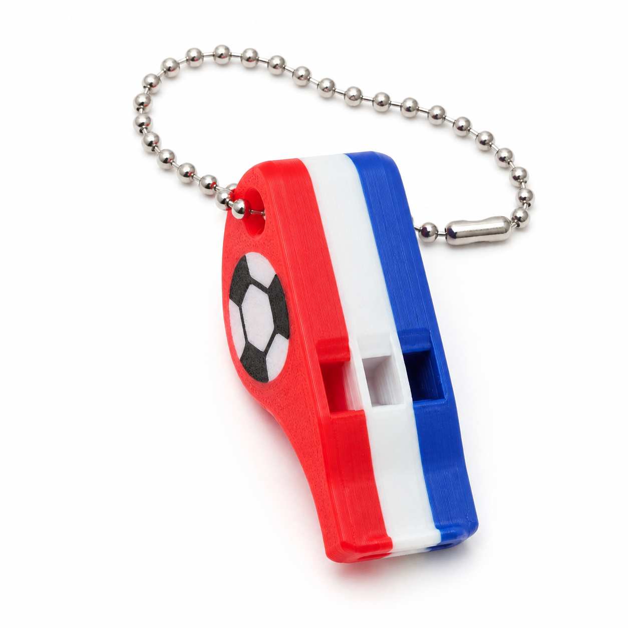 Voetbalfluitje met sleutelhanger – Rood-wit-blauw – 3D-geprint